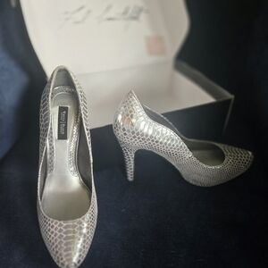 White House Black Market Silver Snakeskin Heels